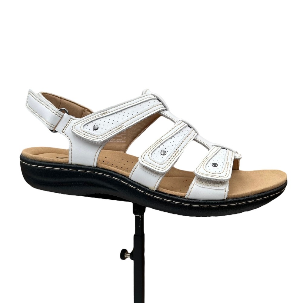 Clarks Womens Laurieann Ivy Leather Sandal Sz 8 White Comfort Slip-On Adjustable